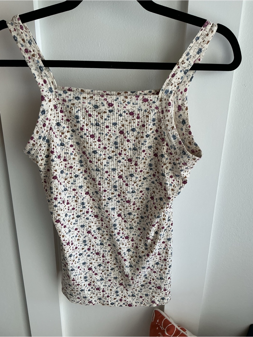 Sezane Cream Ribbed Tank Top with Pink & Blue Floral Print